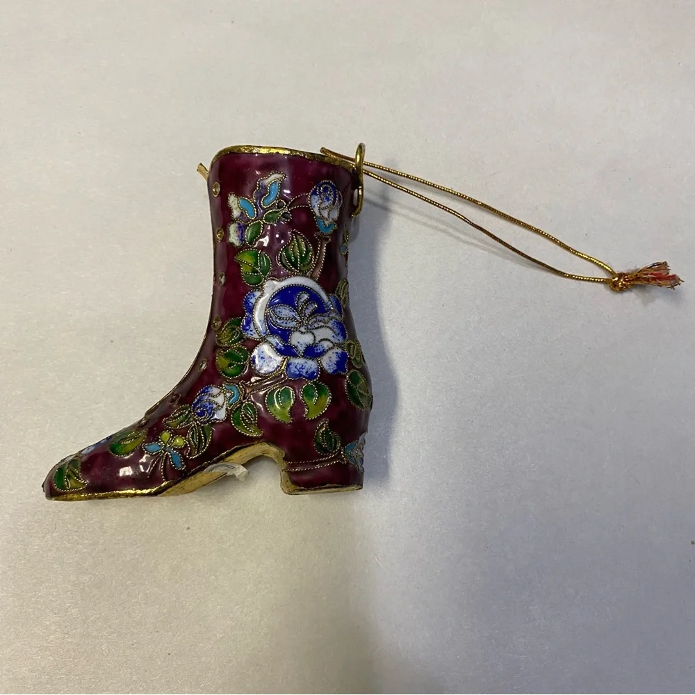 Vintage Cloisonné Shoe Boot Figurine Ornament Enamel Floral Decorative
